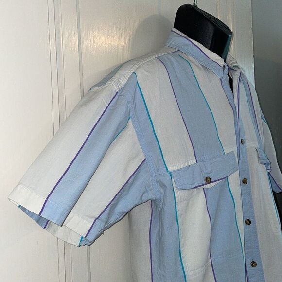 Vtg 80s Pacific Coast Highway blue & white vertical striped short sleeved shirt - Picture 4 of 11